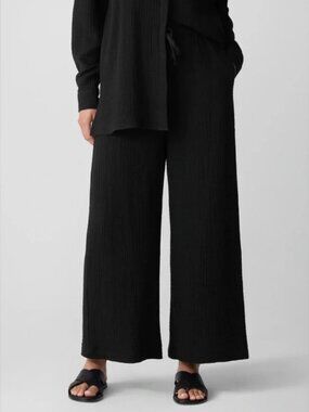 Eileen Fisher Women's Wide Leg Pull On Pants Black Organic Cotton Gauze Size PL